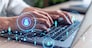HR woman specialist is typing the keyboard in the internet to find the best candidates to create international network in recruitment process. Formal wear. Social media hologram icons.
