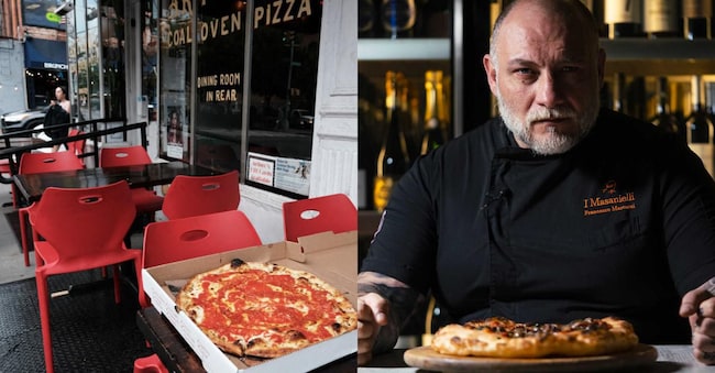 A sinistra: la pizza di Arturo's, un famoso ristorante di New York. (Foto di  Spencer Platt/Getty Images North America/Getty Images via AFP);  mentre a destra la pizza de  I Masanielli di Francesco Martucci a Caserta