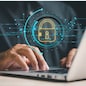 Prioritize data protection and privacy in the digital age. Businessmen safeguard personal information on laptops and virtual interfaces with shield lock icons and advanced network security technology.