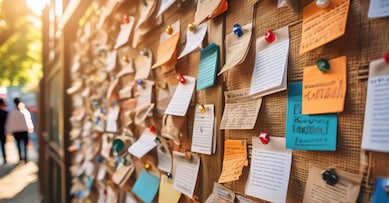 Community notice board filled with various announcements, events, and local news, serving as an important hub for community information and engagement.