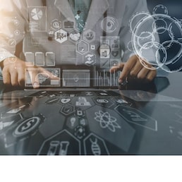 Medical Healthcare Research and Development Concept. Doctor in hospital lab with science health research icon show symbol of medical care technology innovation, medicine discovery and healthcare data.