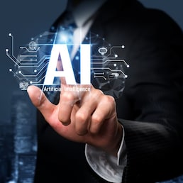 Human interact with AI artificial intelligence brain processor in concept of AI artificial intelligence engineering, big data and AI machine learning to use generative AI for business support. Faas