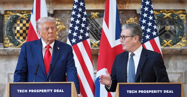 President Donald Trump attends a joint press conference with Britain's Prime Minister Keir Starmer at Chequers near Aylesbury, England, Thursday, Sept. 18, 2025. (AP Photo/Evan Vucci)