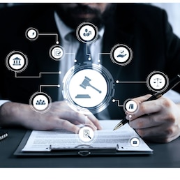 Smart law, legal advice icons and lawyer working tools in the lawyers office showing concept of digital law and online technology of astute law and regulations .