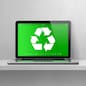 Laptop computer on a shelf with a recycling symbol on screen. environmental conservation concept. 3D illustration isolated on white background. Horizontal banner