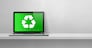 Laptop computer on a shelf with a recycling symbol on screen. environmental conservation concept. 3D illustration isolated on white background. Horizontal banner