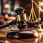 Close-up of gavel on judge desk, symbolizing court trial, justice and legal decisions in courtroom