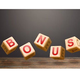 Hover blocks with letters make word BONUS. Receive rewards and preferences. Salary increase, wage premium for holidays. Rising at work. A nice addition. Favorable purchase and special promotions.