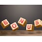 Hover blocks with letters make word BONUS. Receive rewards and preferences. Salary increase, wage premium for holidays. Rising at work. A nice addition. Favorable purchase and special promotions.
