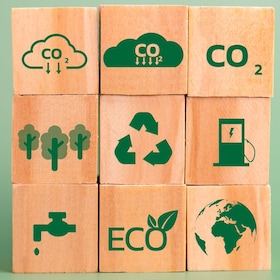 wood cube block icon co2 carbon credit and eco energy green technology on green background.