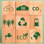 wood cube block icon co2 carbon credit and eco energy green technology on green background.