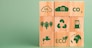 wood cube block icon co2 carbon credit and eco energy green technology on green background.