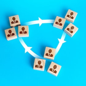 Three groups of people are connected by lines. Interacting and joining forces with other teams. Assistance in completing tasks. Coordination and sharing knowledge. Business model of autonomous groups.