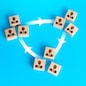 Three groups of people are connected by lines. Interacting and joining forces with other teams. Assistance in completing tasks. Coordination and sharing knowledge. Business model of autonomous groups.