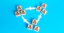 Three groups of people are connected by lines. Interacting and joining forces with other teams. Assistance in completing tasks. Coordination and sharing knowledge. Business model of autonomous groups.