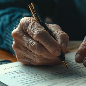 Close-up of an old man's hand studying and signing his last will and testament. Last will and testament concept