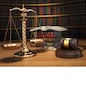 Justice concept. Gavel,  golden scales and books in the library with dof effect. 3d