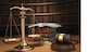 Justice concept. Gavel,  golden scales and books in the library with dof effect. 3d