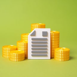 Document and stacks of money coins. Securities and stock. Inheritance. Dividends. Bonds, shares, legal inheritance papers. Dividend distributions, stock market holdings, asset management documentation