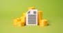 Document and stacks of money coins. Securities and stock. Inheritance. Dividends. Bonds, shares, legal inheritance papers. Dividend distributions, stock market holdings, asset management documentation