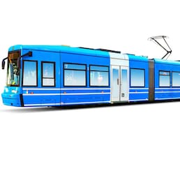 Creative abstract city transportation and business travel technology industrial concept: blue modern streamlined urban tram isolated on white background