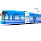 Creative abstract city transportation and business travel technology industrial concept: blue modern streamlined urban tram isolated on white background