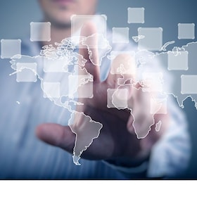 Modern Business World, A businessman navigating virtual world map