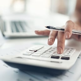 Finance planning, budget or savings manager calculating expenses, taxes or company profits with laptop, paperwork or calculator. Closeup hands of female financial leader checking office staff payroll.