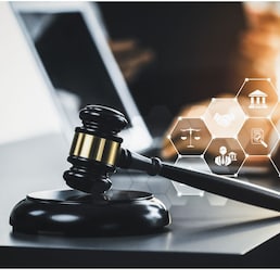 Smart law, legal advice icons and lawyer working tools in the lawyers office showing concept of digital law and online technology of savvy law and regulations .