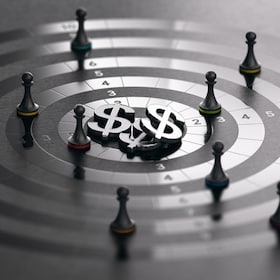 Pawns and target with dollar symbols at the center over black background. Sales rep incentive program. Representatives performance bonuses concept. 3D illustration