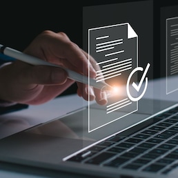 Electronic document signature concept. Document management man sign an electronic on laptop, online document, paperless workplace, digital electronic signature business agreement. Virtual screen