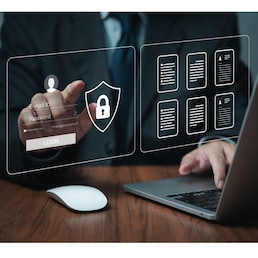 Protect document information security privacy file in laptop virtual screen.
