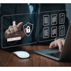 Protect document information security privacy file in laptop virtual screen.