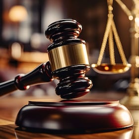 Close-up of gavel on judge desk, symbolizing court trial, justice and legal decisions in courtroom