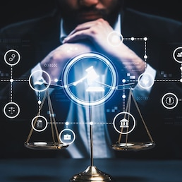 Smart law, legal advice icons and lawyer working tools in the lawyers office showing concept of digital law and online technology of savvy law and regulations .