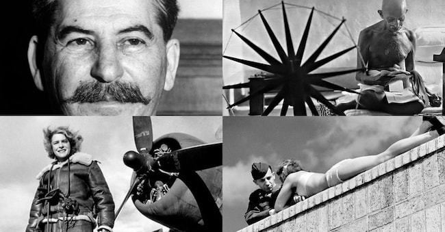 Sopra da sinistra: il leader sovietico Iosif Stalin nel 1941 e Mohandas Karamchand Gandhi nella sua casa di Pune nel 1946. Sotto da sinistra: La fotografa di LIFE Margaret Bourke-White, vestita con una tuta di volo in pile e con la macchina fotografica aerea in mano e un soldato americano che chiacchiera con una ragazza tedesca a Berlino nel 1945. (Margaret Bourke-White/The LIFE Picture Collection/Shutterstock)