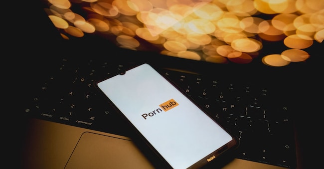 The Pornhub logo is being displayed on a smartphone screen in Athens, Greece, on May 31, 2024. 