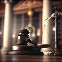 Judge gavel and Scales of Justice in the Court Hall created by generative AI