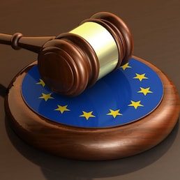 European Union laws, legal system and parliament concept with a 3d render of a gavel on a wooden desktop and the EU flag.