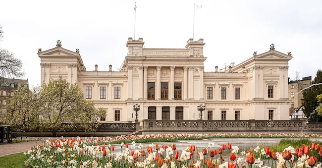 Un'aiuola di tulipani davanti all'edificio principale dell'Università di Lund, Svezia. (Alamy Stock Photo)