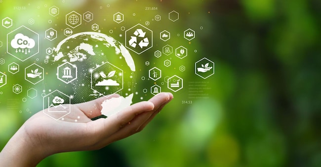 ESG icon concept. Environment, society and governance. Energy of natural gas sustainable and ethical business on network connection on green background.