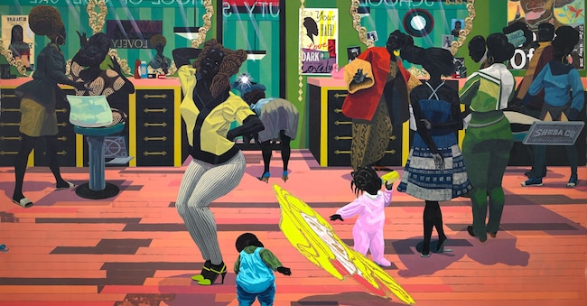 Kerry James Marshall, School of Beauty, School of Culture, 2012. Acrylic and glitter on unstretched canvas, 274.3 x 401.3 cm. Collection of the Birmingham Museum of Art, Alabama; Museum purchase with funds provided by Elizabeth (Bibby) Smith, the Collectors Circle for Contemporary Art, Jane Comer, the Sankofa Society, and general acquisition funds, 2012.57. © Kerry James Marshall. Courtesy of the artist and Jack Shainman Gallery, New York. Photo: Sean Pathasema