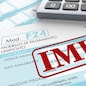 close up view of F24 form for italian taxes,the word imu and an electronic calculator (3d render)