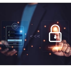 Businessman protecting data personal information on phone and virtual interface. Data protection privacy concept. login password unlock to server