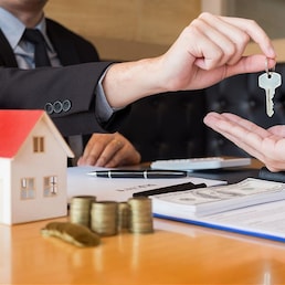 estate agent giving house keys customer sign agreement property for sale, Buying and selling homes concept