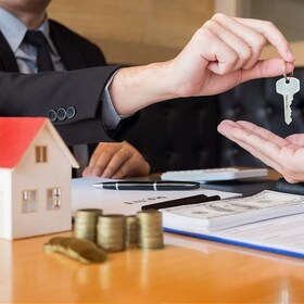 estate agent giving house keys customer sign agreement property for sale, Buying and selling homes concept