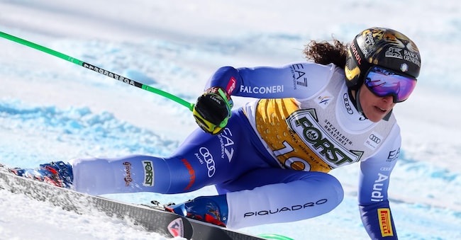 Federica Brignone of Italy in action during the women's SuperG race at the FIS Alpine Skiing World Cup event in La Thuile, Italy, 13 March 2025. ANSA/ANDREA SOLERO