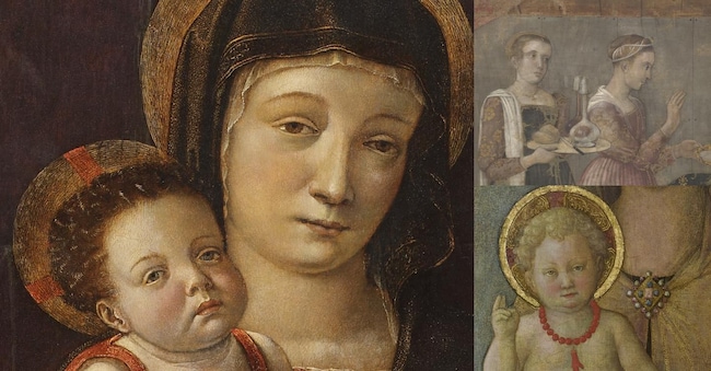 A sinistra: particolare di Madonna col Bambino di Giovanni Bellini, conservato nella Pinacoteca Malaspina di Pavia ; a destra in alto: particolare de la Nascita della Vergine della bottega di Jacopo Bellini, conservato presso la Galleria Sabauda dei Musei Reali di Torino; a destra in basso: particolare de La Madonna col Bambino di Jacopo Bellini, conservato nella Galleria dell’Accademia Tadini di Lovere