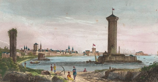 Vista del Porto di Livorno (acquaforte colorata da Louis-Eustache Audot da «L’Italia, la Sicilia, le isole Eolie, l’isola d’Elba, la Sardegna, Malta, l’isola di Calipso», Vol. 1, pubblicato da Giuseppe Pomba, Torino 1834)