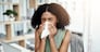 Blowing nose, tissue or sick black woman in office with virus or worker with allergies, problems or illness. Person sneezing or African girl employee with toilet paper, allergy flu or fever disease.